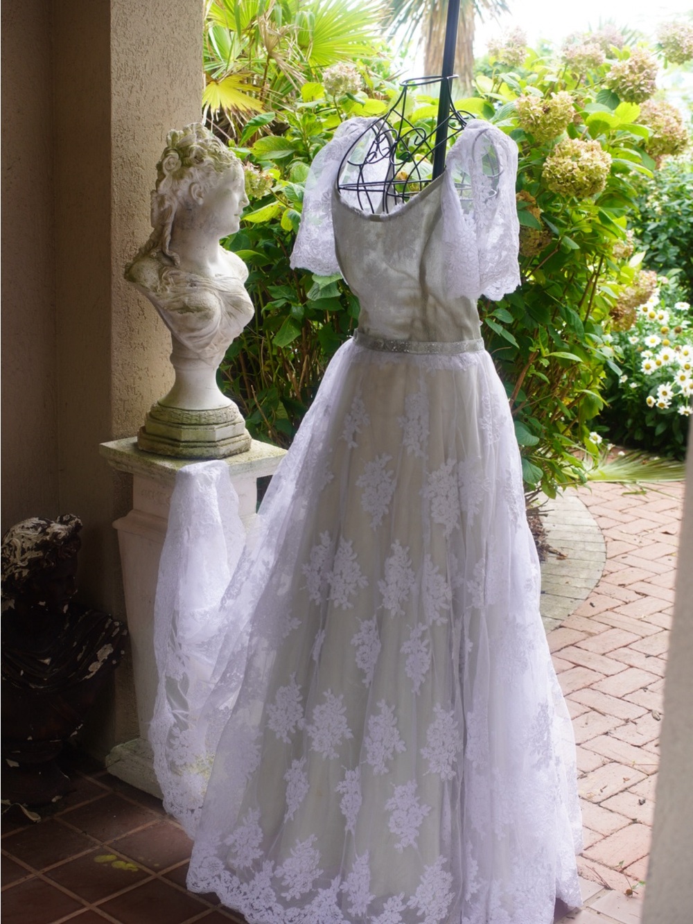 Vintage Ivory & Sage Lace Floral Appliqué Gown | Romantic Off-Shoulder Wedding - Picture 8 of 16